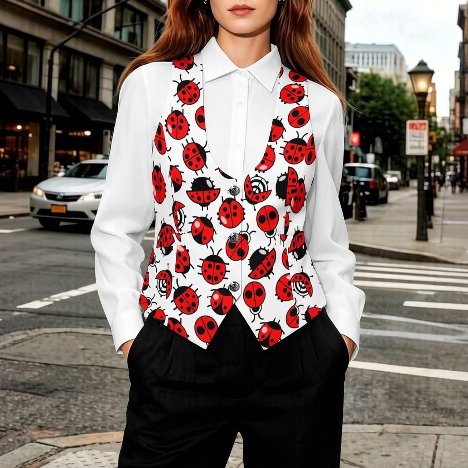 Crawling Ladybugs Women's Suit Vest V Neck Button Down Waistcoat Jacket Business Casual Tops