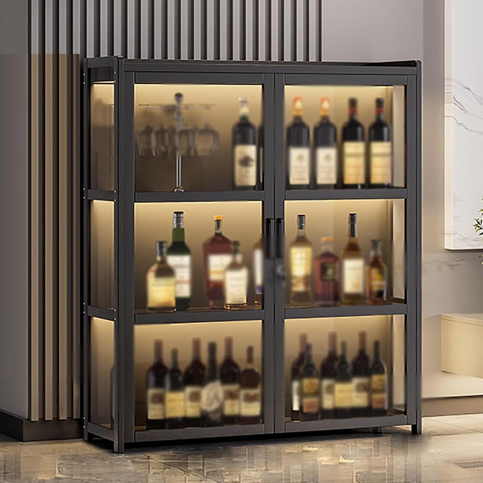 Amazon.co.jp: ロック付き酒棚 竹製 ウイスキーラック 3面透明