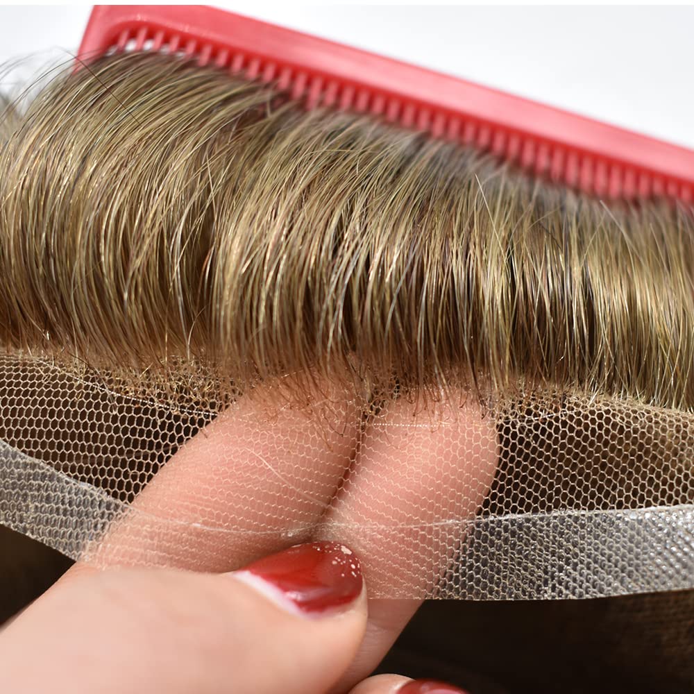 Mens Toupee French Lace Front Bleached Knots Poly Hair Replacement System Natural Hairline Transparent Breathable Hairpieces (#710 Very Light Brown wIth 10% Gray Hair-100% density, 7"X9")