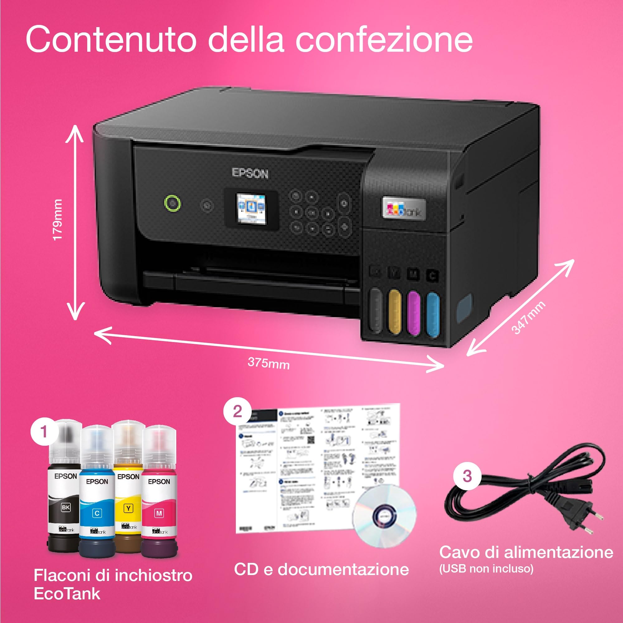 Epson EcoTank ET-2820 stampante Multifunzione A4 (stampa, copia, scansione) USB, Wi-Fi, Wi-Fi Direct, display LCD 3,7 cm, serbatoi flaconi alta capacità, Smart Panel, fronte/retro, Nero