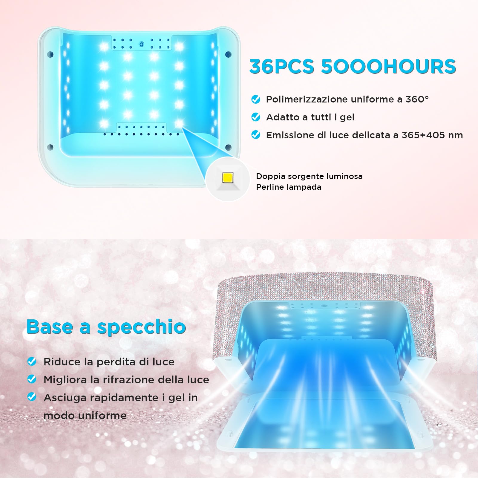 Lampada UV ricaricabile senza fili per unghie in gel, lampada LED per unghie con 4 modalità timer e decorata con strass scintillanti per unghie Diamond per uso domestico/salone, 1pcs