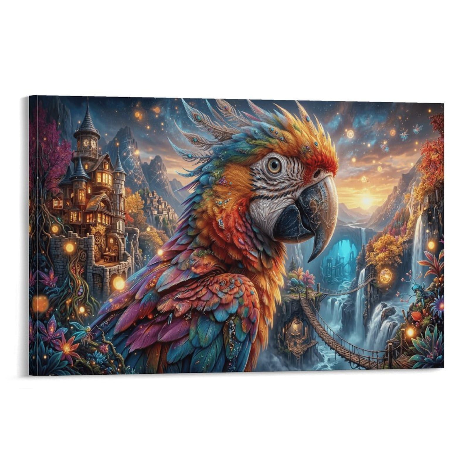 XPASHIQWC Parrot Wall Decor Poster Valley Waterfall Cabin Canvas Prints Picture Modern Canvas Wall Art Picture Wall Hanging for Home Decorations 24x36inch(60x90cm)