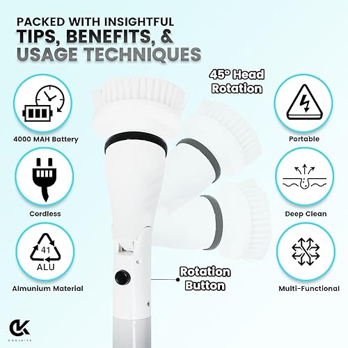 Miniatura 8 de Limpiador eléctrico giratorio K-129 nuevo inalámbrico 350 RPM 4000mAh batería 6 cabezales de limpieza reemplazables, mango largo ajustable para