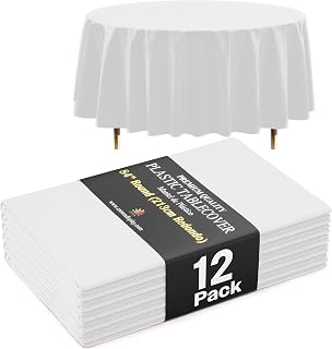Exquisite 66% Thicker Premium White Round Tablecloth 0.5 Mil 12 Pack Plastic Table Cloth Disposable 84 Inch Round Plastic Tablecloth Won't Tear Easily Like Cheap Thin Brands