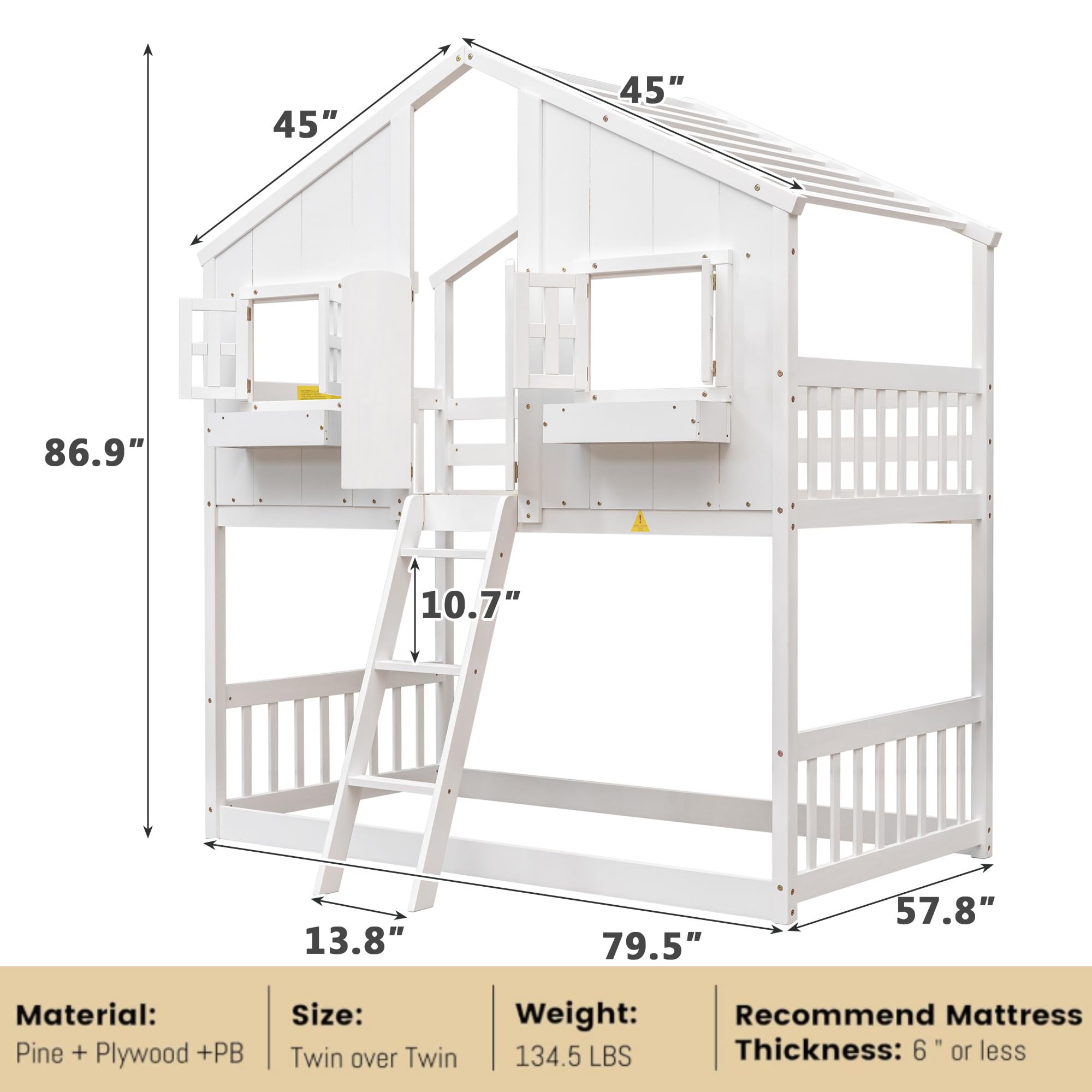 MERITLINE Twin Over Twin House Bunk Bed, Wood Floor Bunk Bed Frame with ...