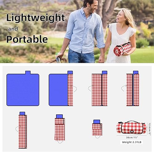 Miniatura 5 de Manta de picnic extragrande, impermeable, 80 x 80 pulgadas, manta de picnic a cuadros para playa, al aire libre, camping sobre hierba (rojo y blanco)