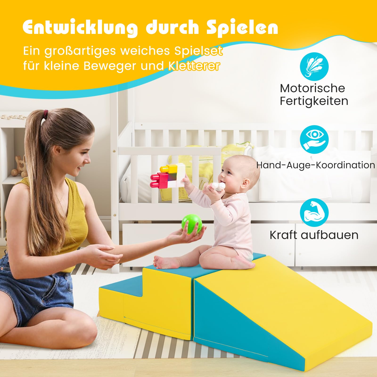 COSTWAY 2-częściowe piaskowe klocki budowlane dla dzieci, miękkie klocki do zabawy i wspinaczki, gigantyczne klocki z pianki dla niemowląt i małych dzieci (żółty+zielony)