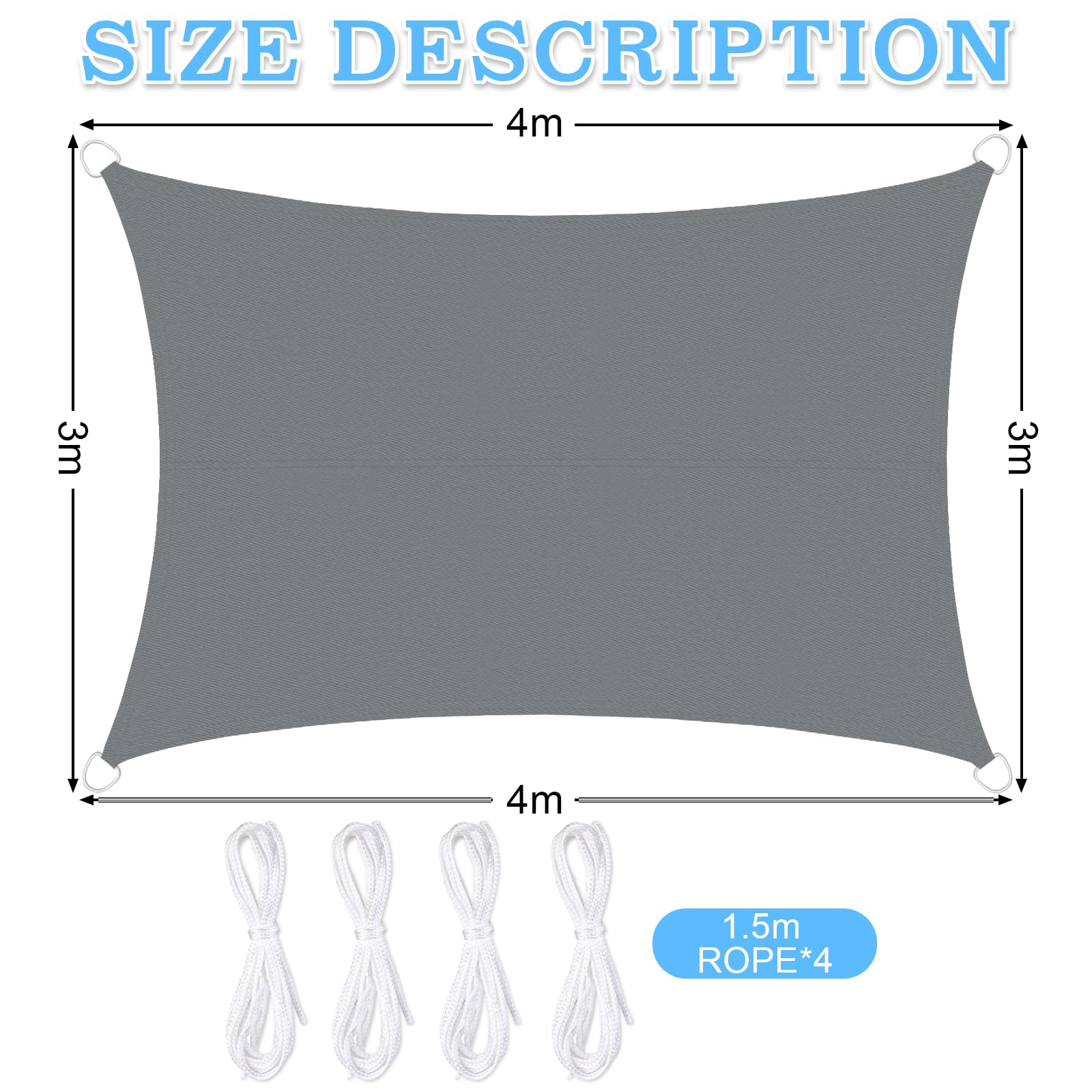 Vela Ombreggiante Rettangolare 3x4 m, Tenda da Sole per Esterno, Impermeabile Protezione UV 95%, Tenda a Vela per Terrazza, Giardino, Balcone, Campeggio (Grigio)