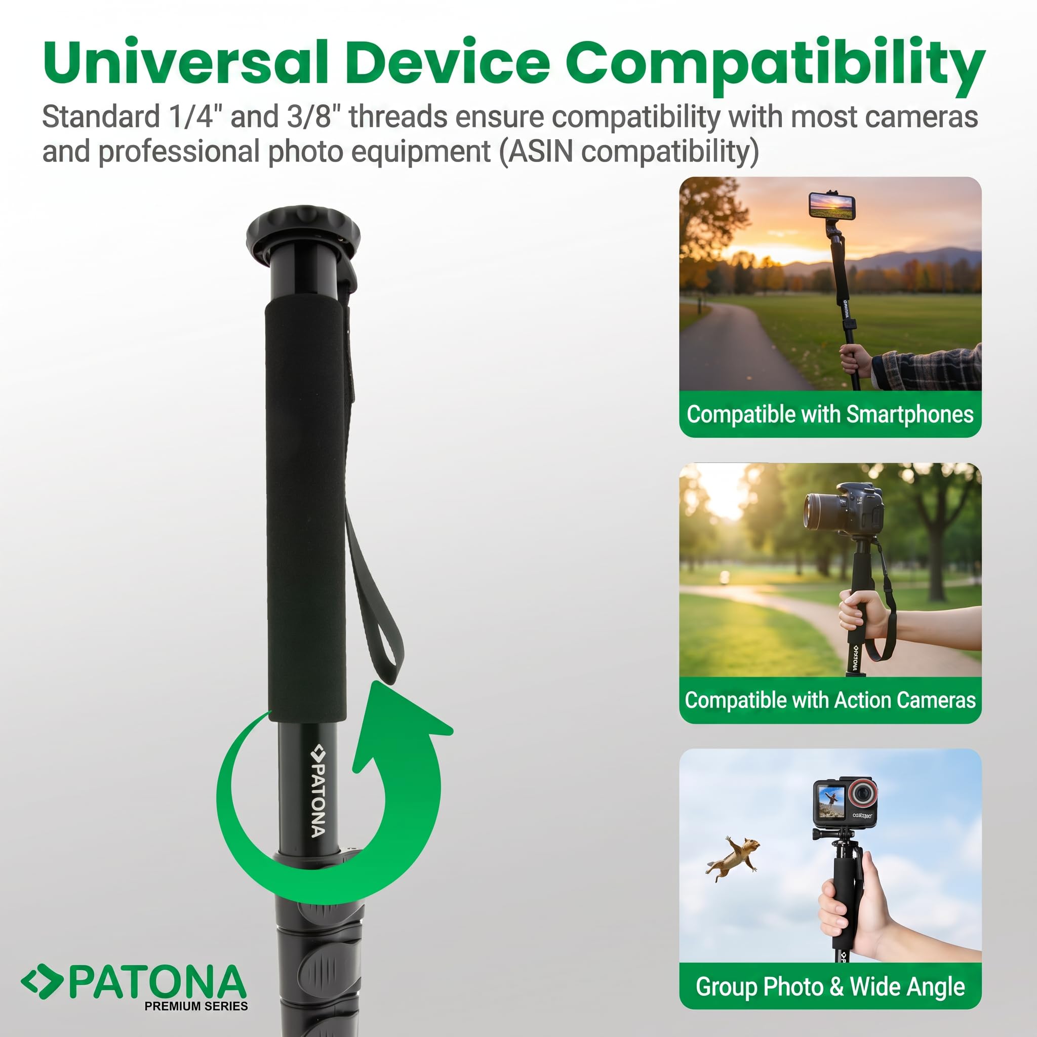 PATONA Treppiede monopiede telescopico di alta qualità, leggero design telescopico in alluminio robusto, treppiede per fotocamera Gezi Mono One, monopiede fino a 155 cm, filettatura da 1/4 e 3/8