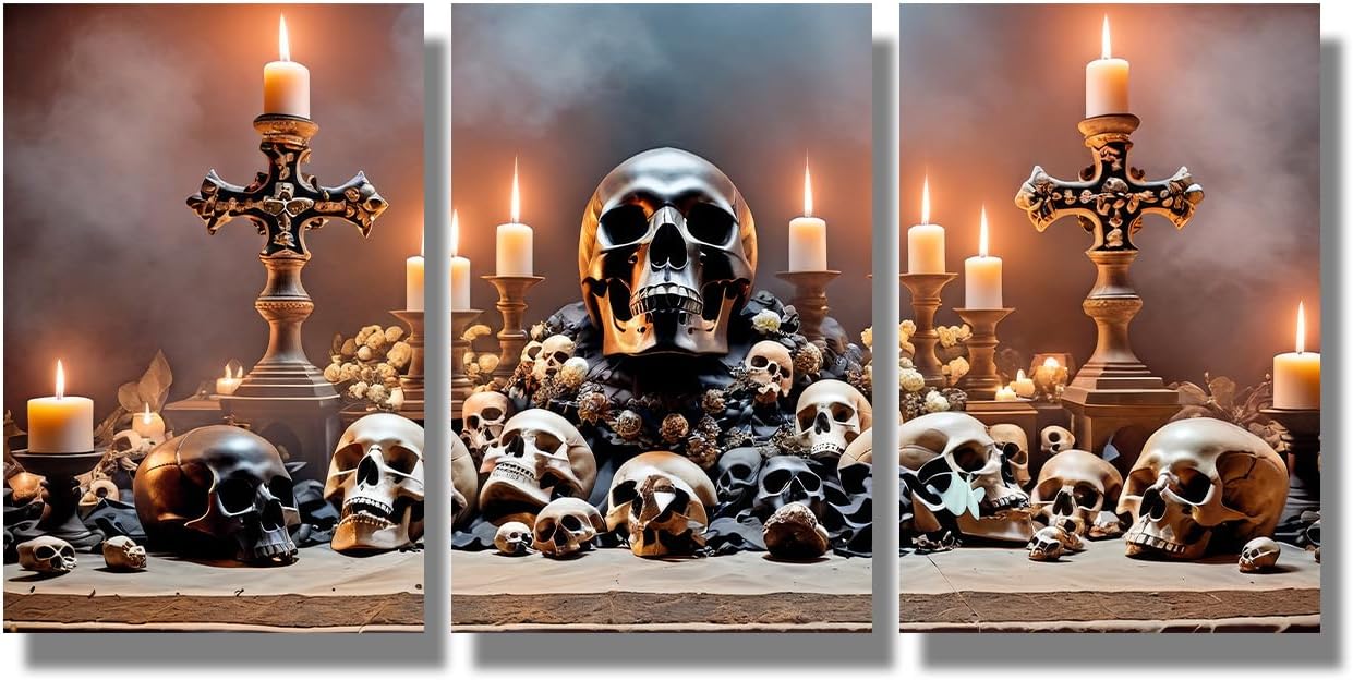 LSIUHWUWI 3 Pieces Skeletal Structures Canvas Wall Art Skull Wall Painting Artwork Pictures Two Skull Seamless Blending Wall Art for Living Room Framed Ready to Hang 20X40INCH X3