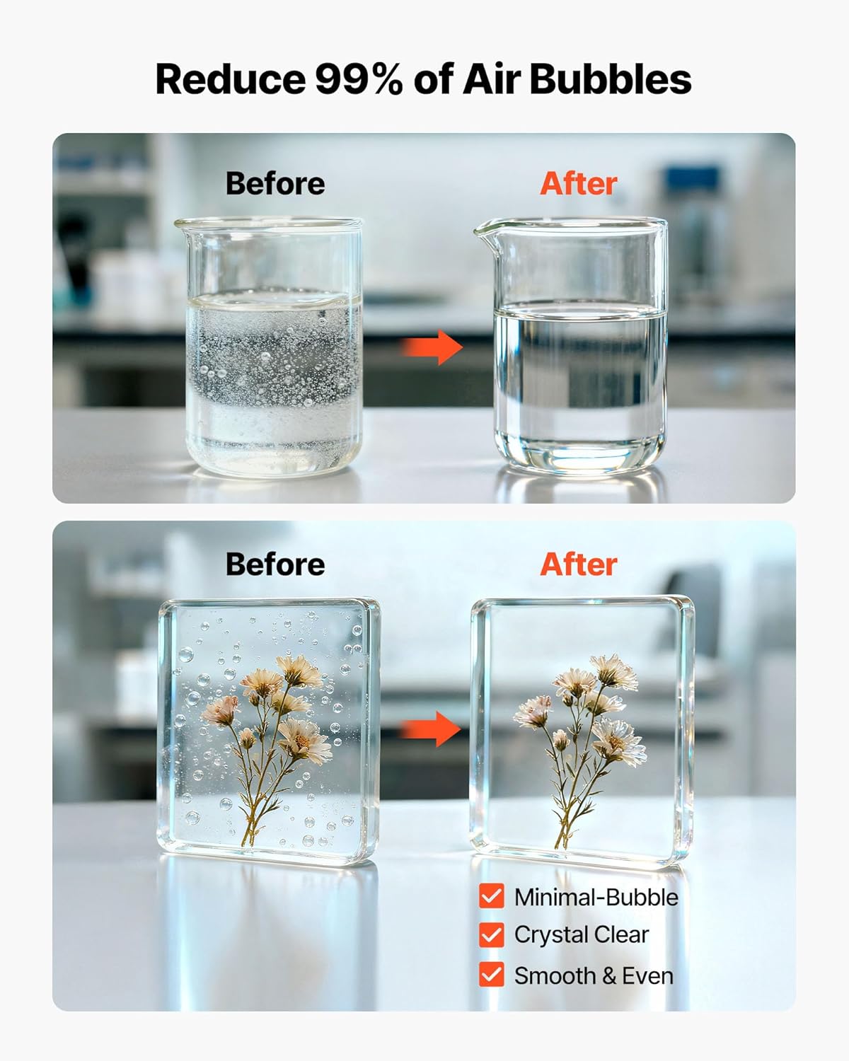 Comparison of resin and liquid before and after bubble removal with pressure pot