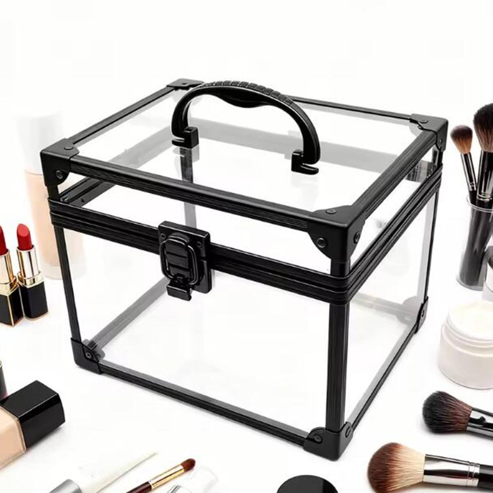 Generic Make Up Organizer Acryl Schminkaufbewahrungsbox Kosmetikkoffer mit Durchsichtigem Gehäuse Und Sicherheitsverschluss Ideal für Persönliche Kosmetikarti, Schwarz