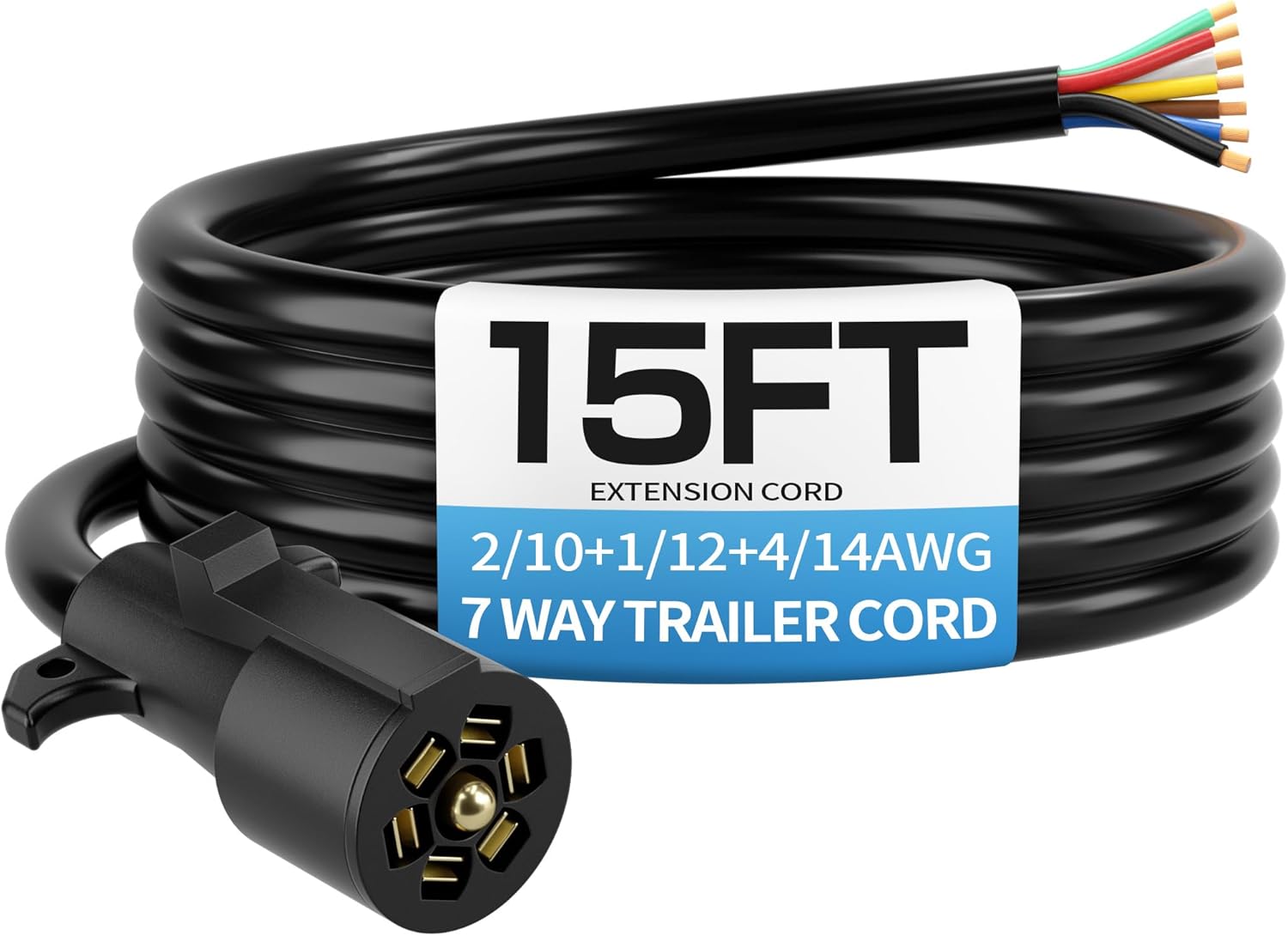 Deluwire 15 FT 7 Pin Trailer Plug, Heavy Duty Trailer Wiring Harness, 7 Way Trailer Cord with Double Prongs Connector for Trailers, RVs, Campers