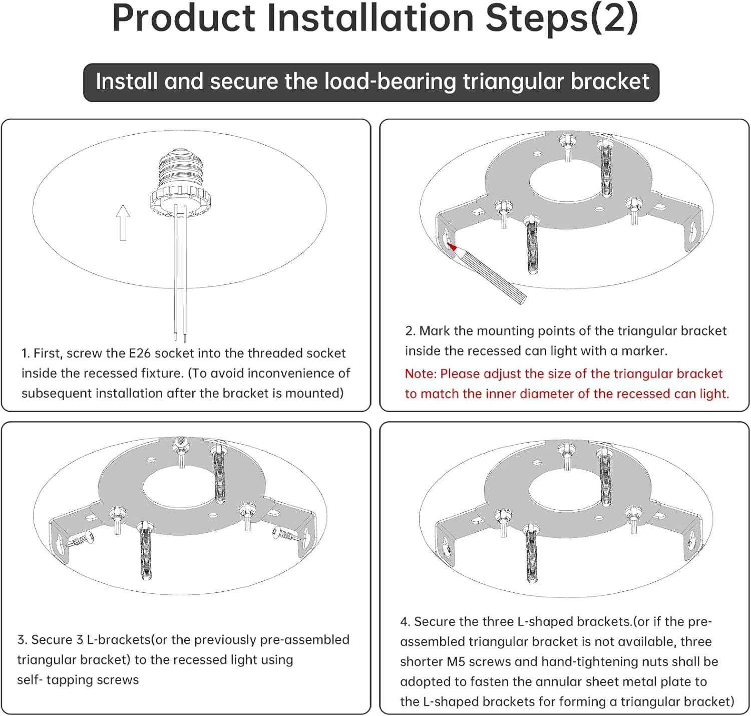 RTNLIT Recessed Light Conversion Kit, 5"-6" Adjustable Can Light Conversion Adapter with E26 Socket, Metal Ceiling Mounting Bracket & 8" Ceiling Plate - 50lbs Load Capacity Pendant Light Canopy Kit
