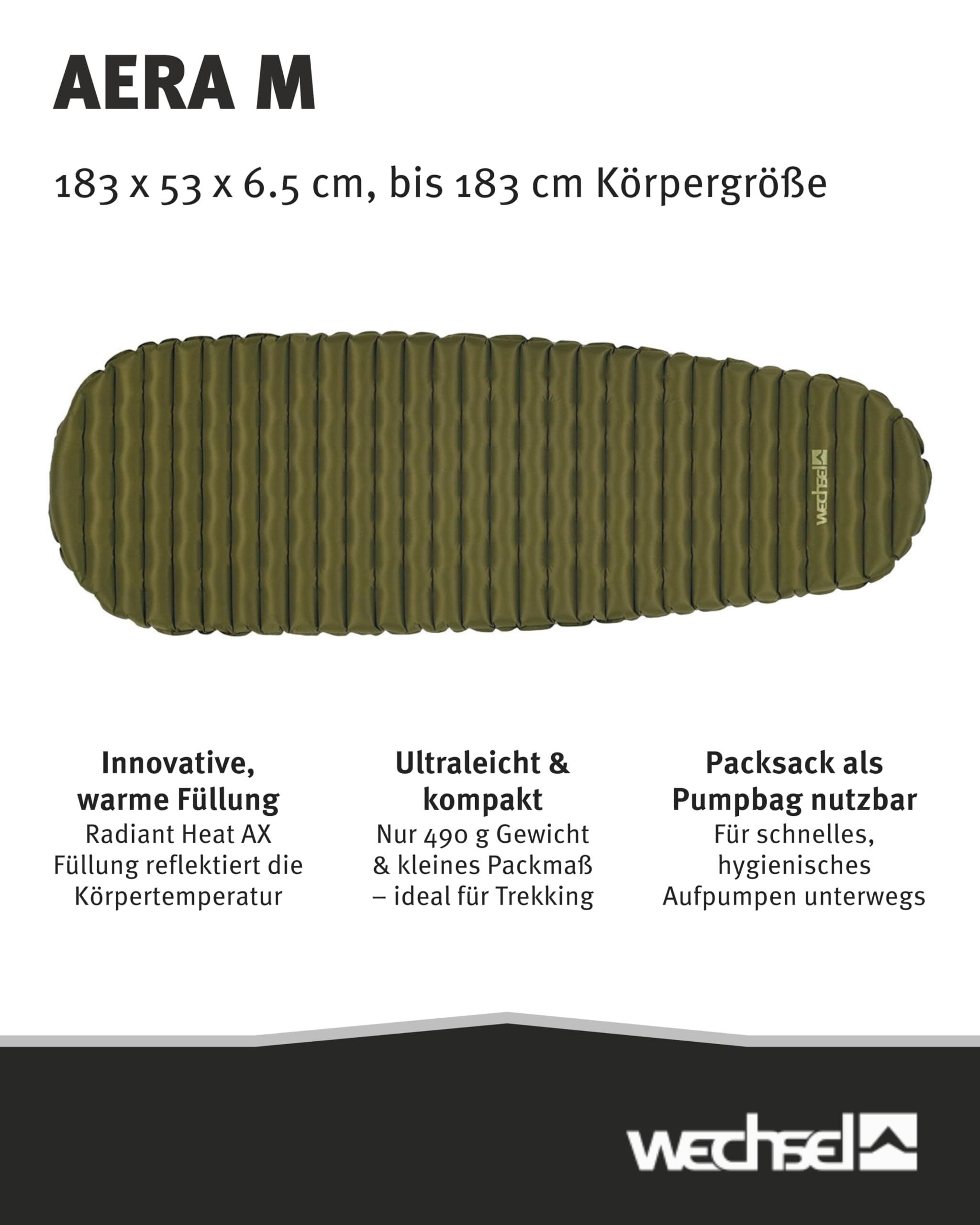 Wechsel Aera L I Ultraleichte Isomatte für mehrtägige Outdoor-Touren I Aufblasbare Luftmatte I Hervorragende Wärmeisolierung I 195 x 65 x 6,5 cm I Ideal für Trekking, Backpacking & Camping