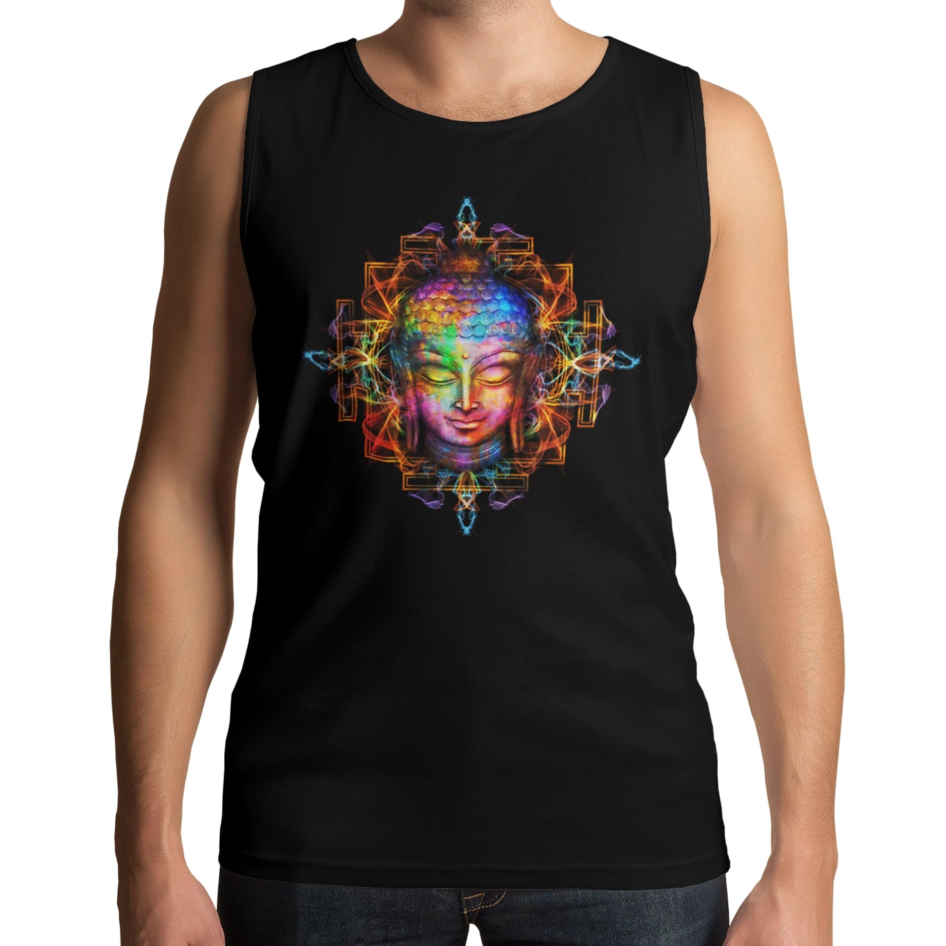 Tribal T-Shirts Men's Black Electric Buddha Psychedelic Vest Tank Top - Buddhist Yoga Meditation L
