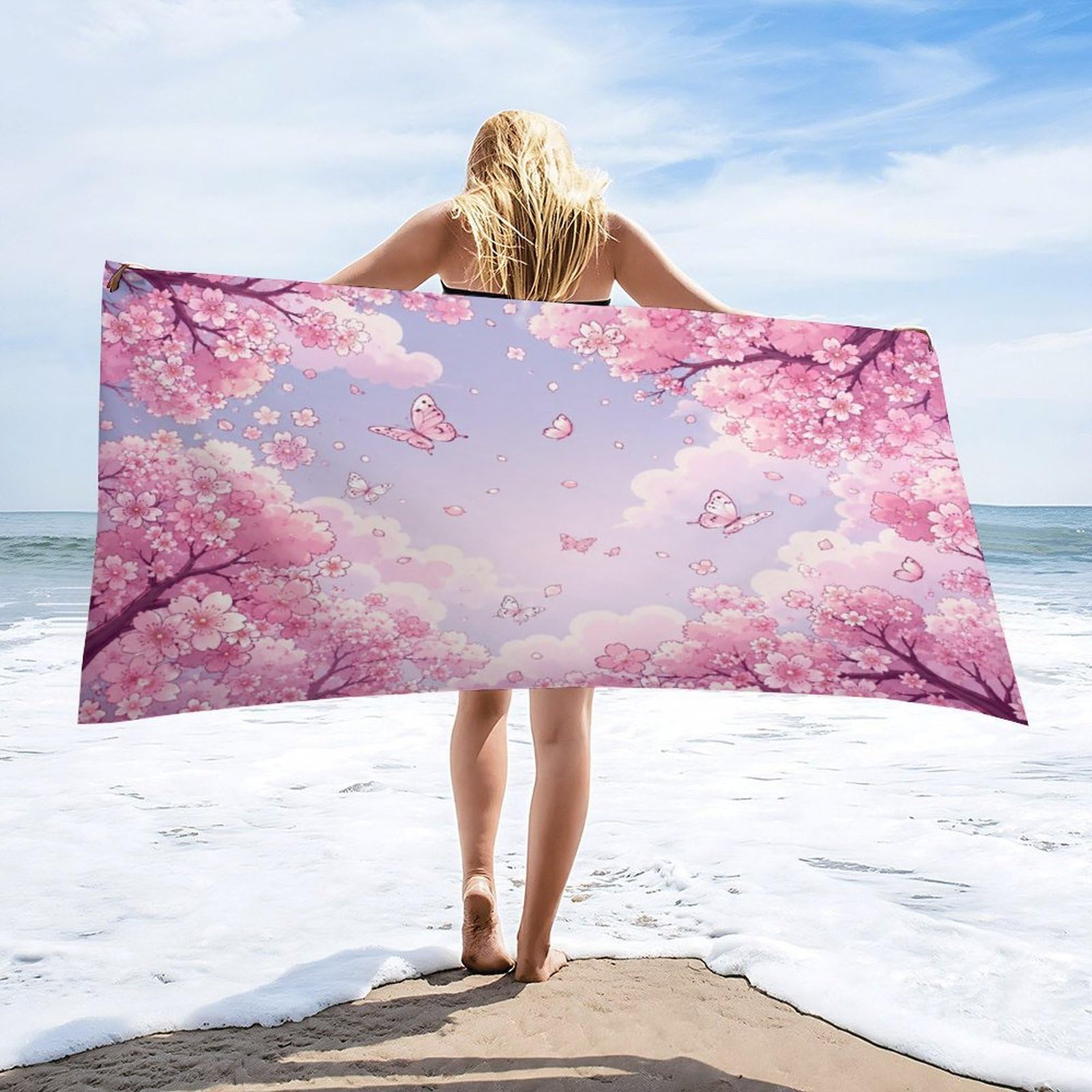 Anceky Cherry Blossom Sky Butterflies Beach Towel 32"×63",Soft Microfiber Bath Towel Shawl, Quick Dry Absorbent Pool Spa Gym Shower Towel