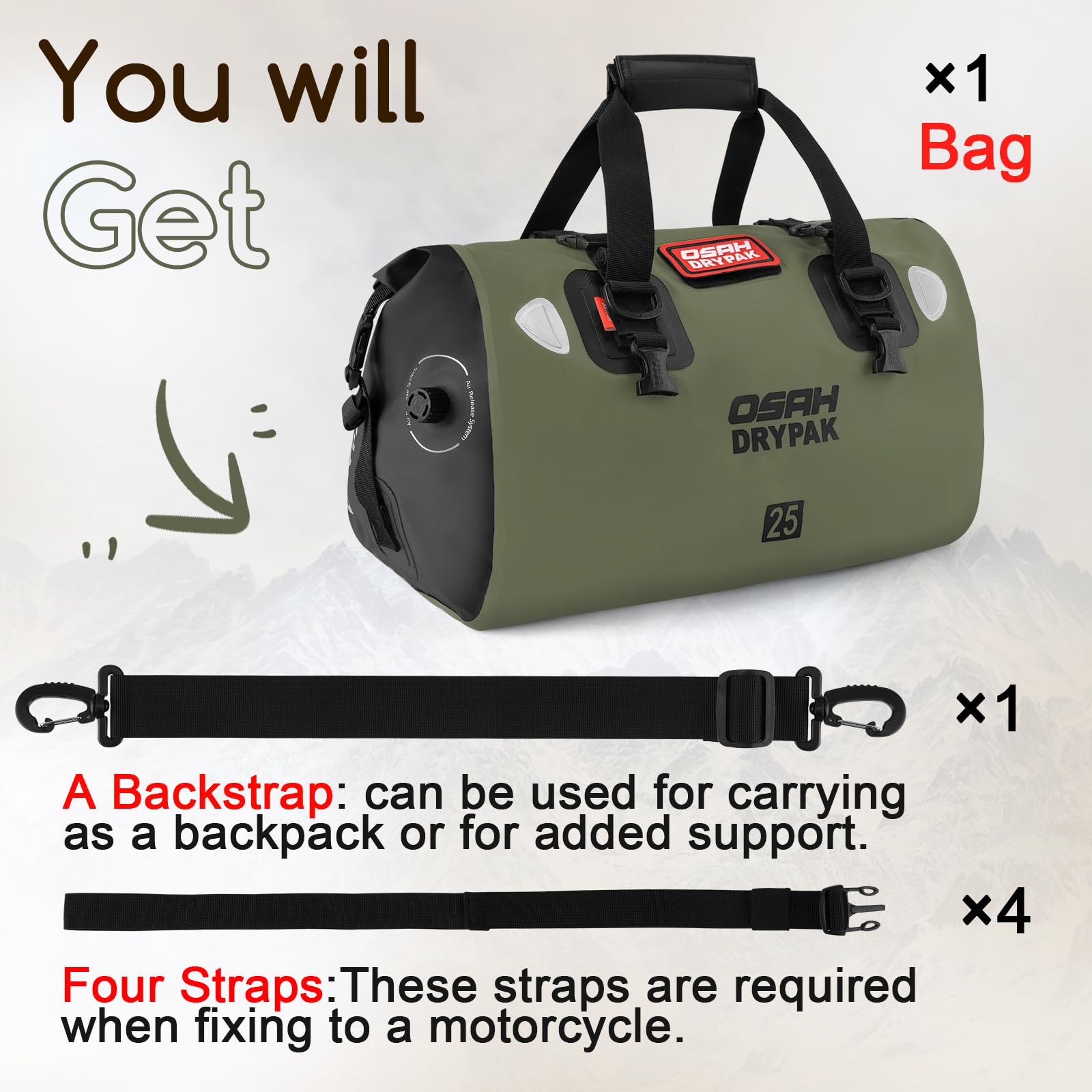OSAH DRYPAK Bolso de Lona Impermeable - Bolsa estanca para Moto con Gran Capacidad de Almacenamiento, Viajes, Acampada, Kayak, Pesca