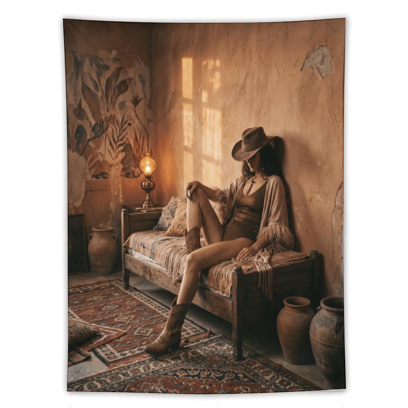 Boho Cowgirl Lounge Wall Tapestry, Detailed Illustration, Sofa Area