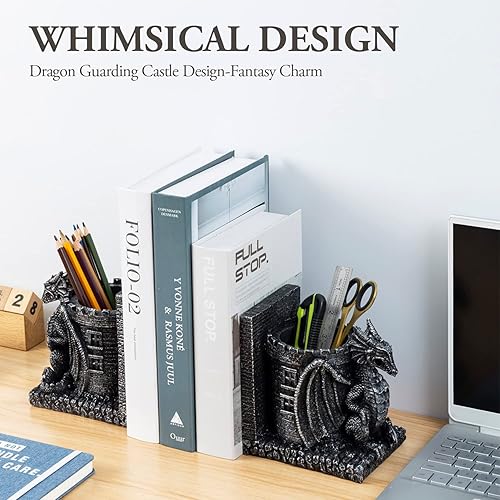 Miniatura 4 de Sujetalibros de dragón, gótico de resina negra con diseño de dragón, sujetalibros con diseño de dragones de fantasía decorativos y torre de piedra,