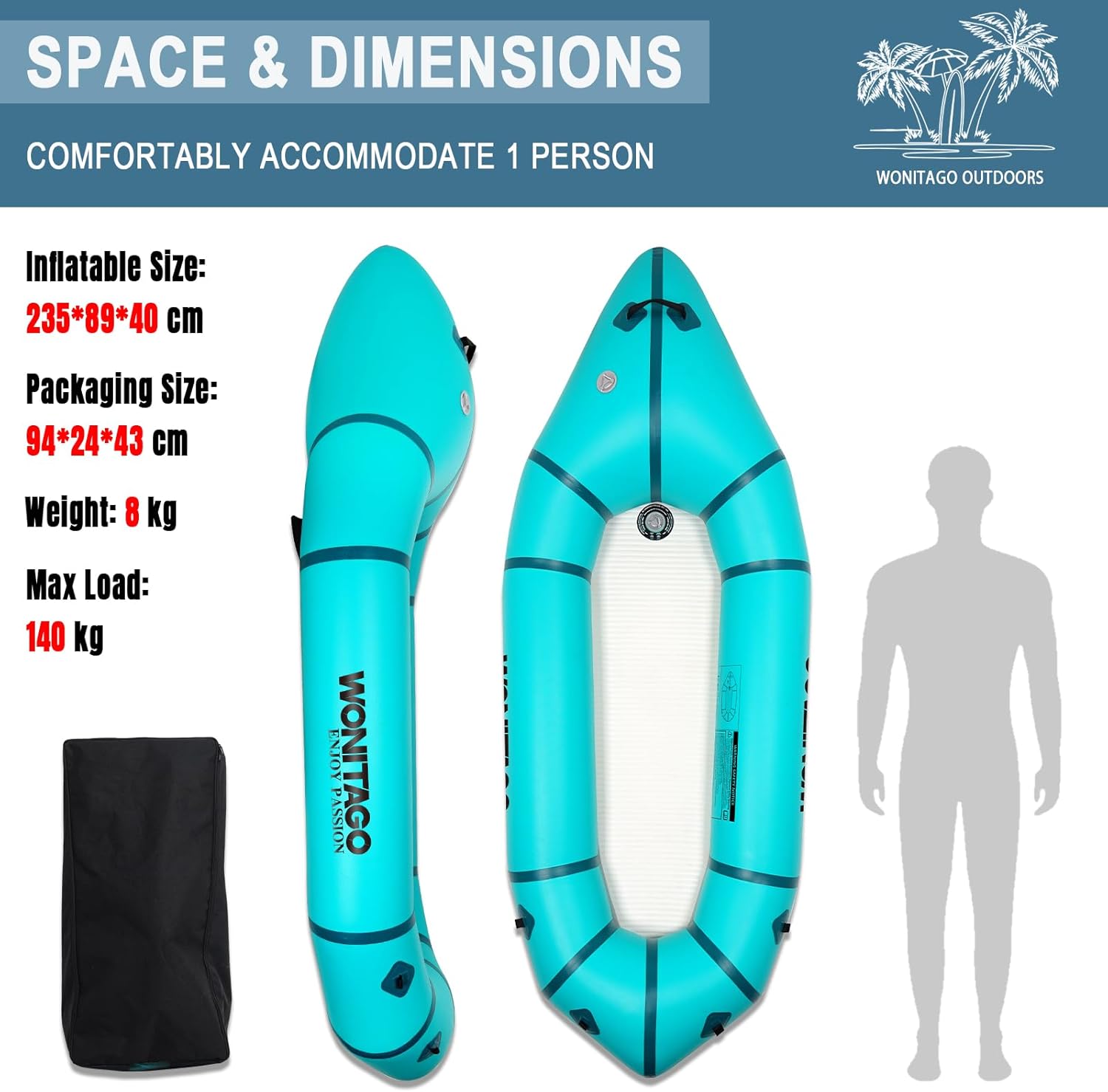 Packraft PVC Inflatable Travel Kayak Packrafts with Drop Stitch Floor for Flat Water Rafting/Bicycle Drifting/Litewater Dinghy, 1 Person, 7.7Ft