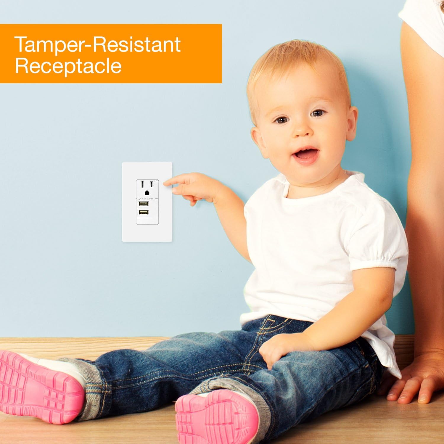 TOPGREENER Top Greener TU11548A-W-2PCS 4.8A-24W Dual Port USB Charger Outlet Ultra-High-Speed/15A TR Receptacle, Free Wall Plates, for iPhone X/XS/XR, Samsung Note9/S9, White (Pack of 2)