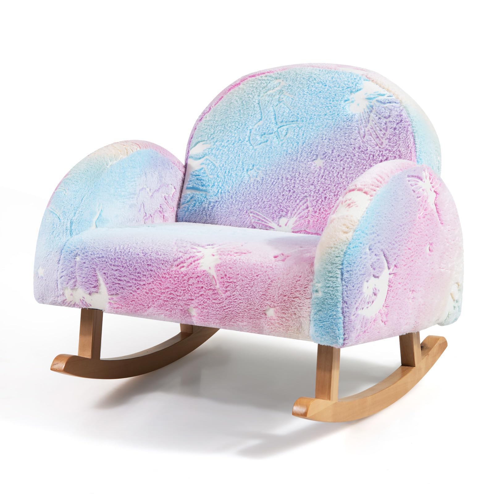 COSTWAY Sedia Dondolo per Bambini da 3 a 5 Anni, Poltrona in Flanella con Gambe in legno, Motivi che si Illuminano al Buio, per Cameretta e Soggiorno, 50 x 48 x 46 cm