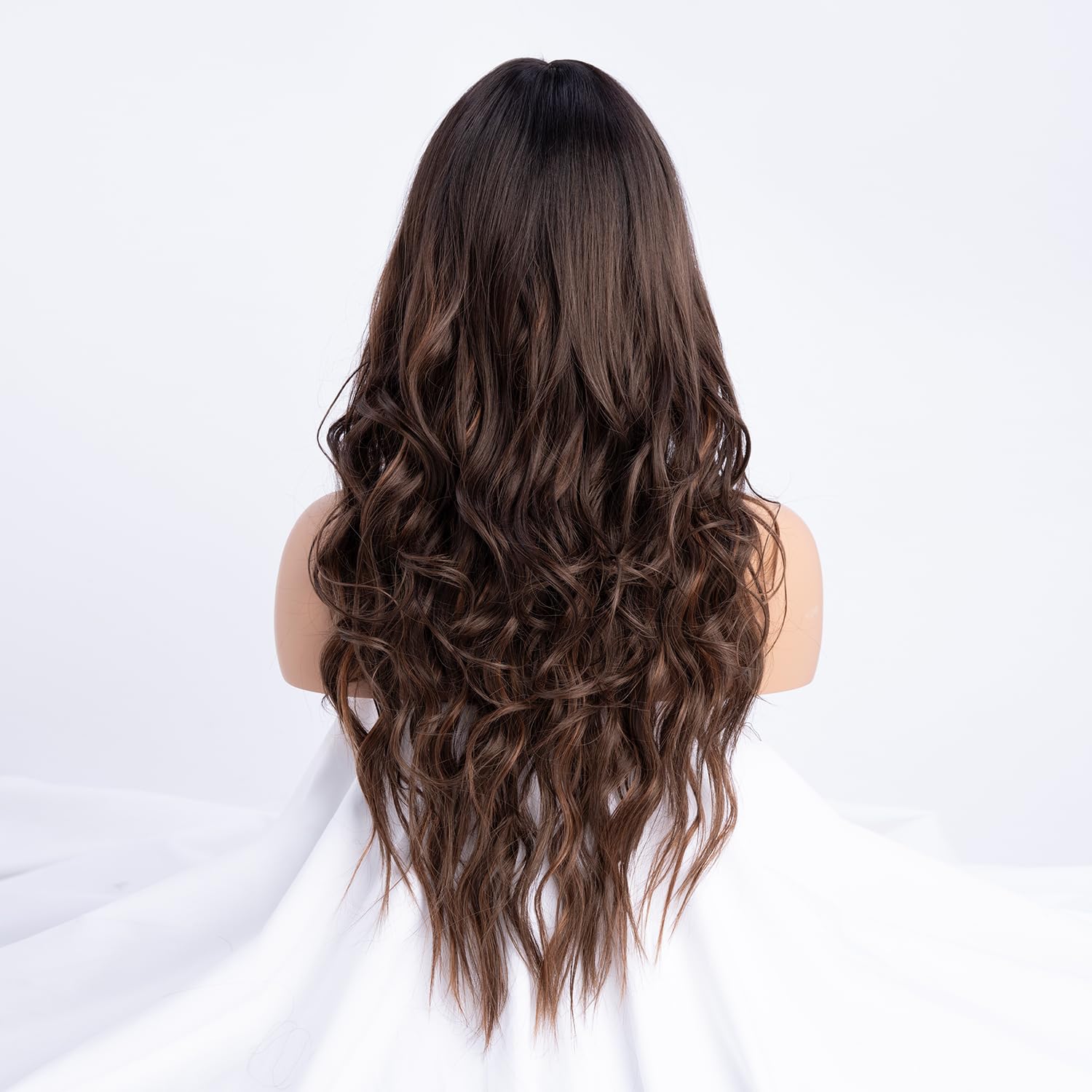 SIMKAYLEE Long Wavy Ladies Dark Brown Wig with Two Highlights Bangs Water Wave Curly Synthetic Chocolate Brown Wigs Highlighted with Fringe for Women Daily Carnival New Years Cosplay Party Use(26inch) - Image 2