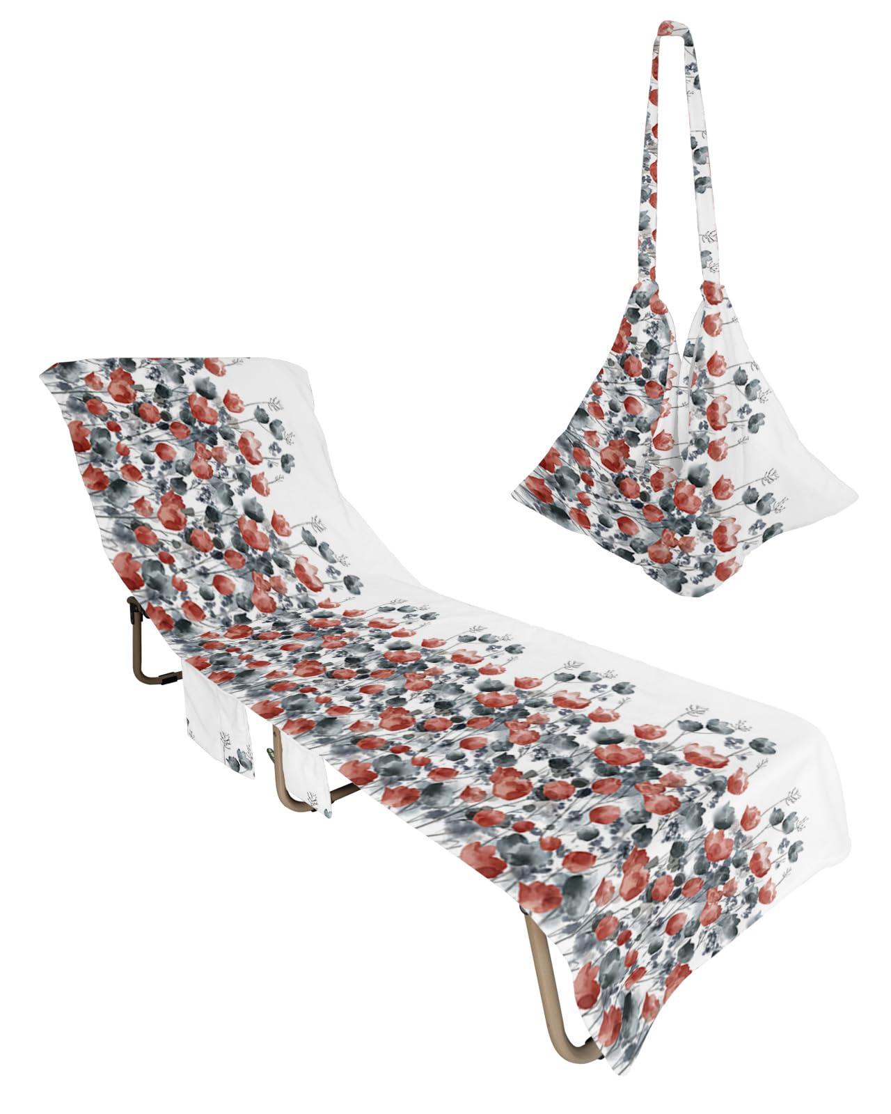Red Black Flower Beach Chair Towel Covers for Chaise Lounge With Side Pocket, Soft Plush Pool Towels Cover for Patio Sunbathing Outdoor 29''x85'' Botanical Plant Watercolor Plant