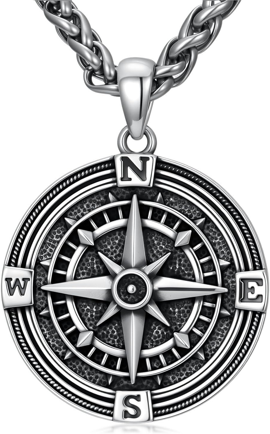 925 Sterling Silver Compass Necklace for Men, w/Stainless Steel Chain 22+2 Inch