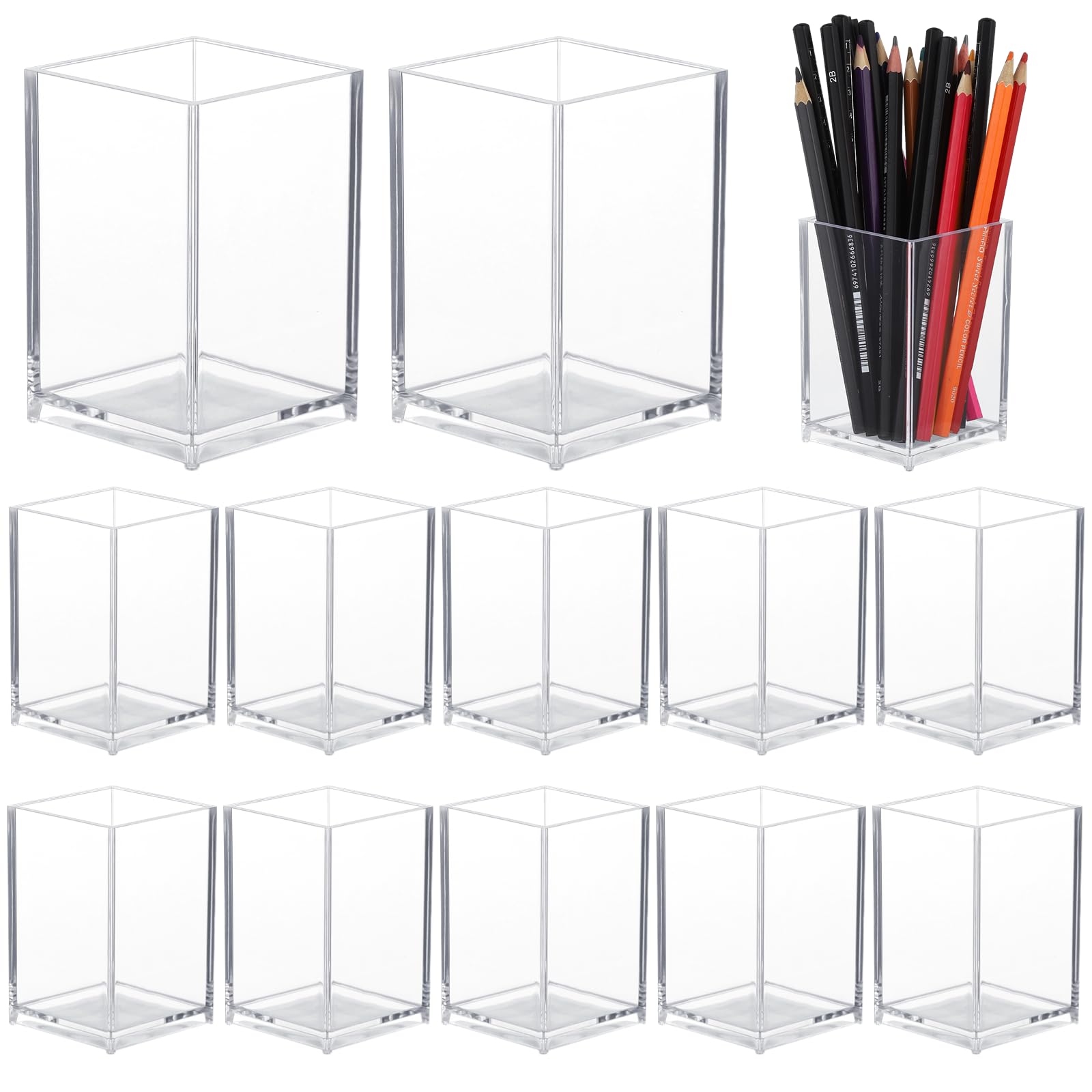 DIMEGON Acrylic Pen Holder, 12 Pcs Clear Acrylic Desktop Stationery Storage  Pencil Organizers, Makeup Brush Desk Storage Holders, Square Acrylic