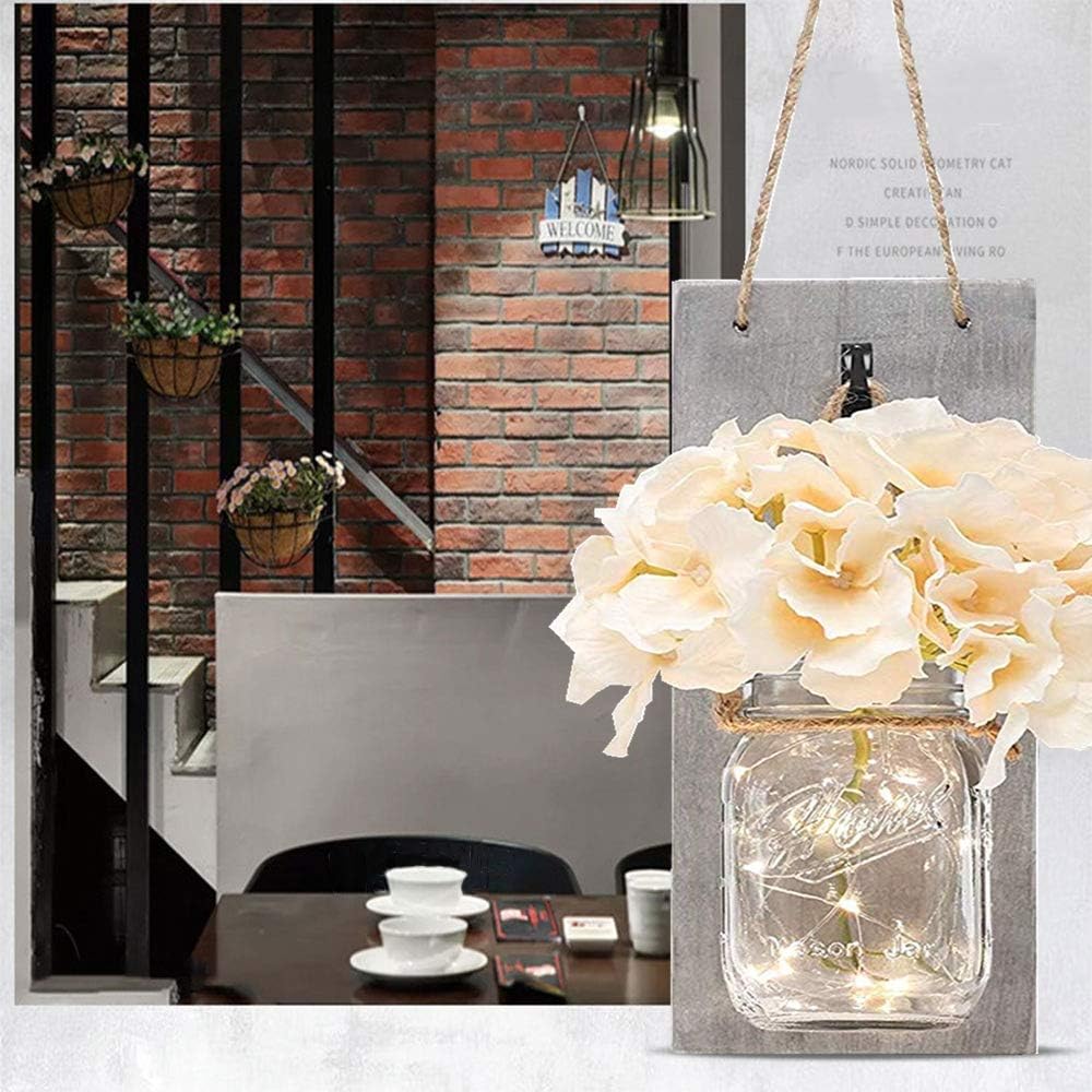 BESTEASY Rustic Wall Sconces, Sconce Home Wall Decor Set of 2 Mason Jar Sconces Country Home Mason Jar Wall Sconce with 30 LED Fairy Lights for Home and Kitchen Decorations