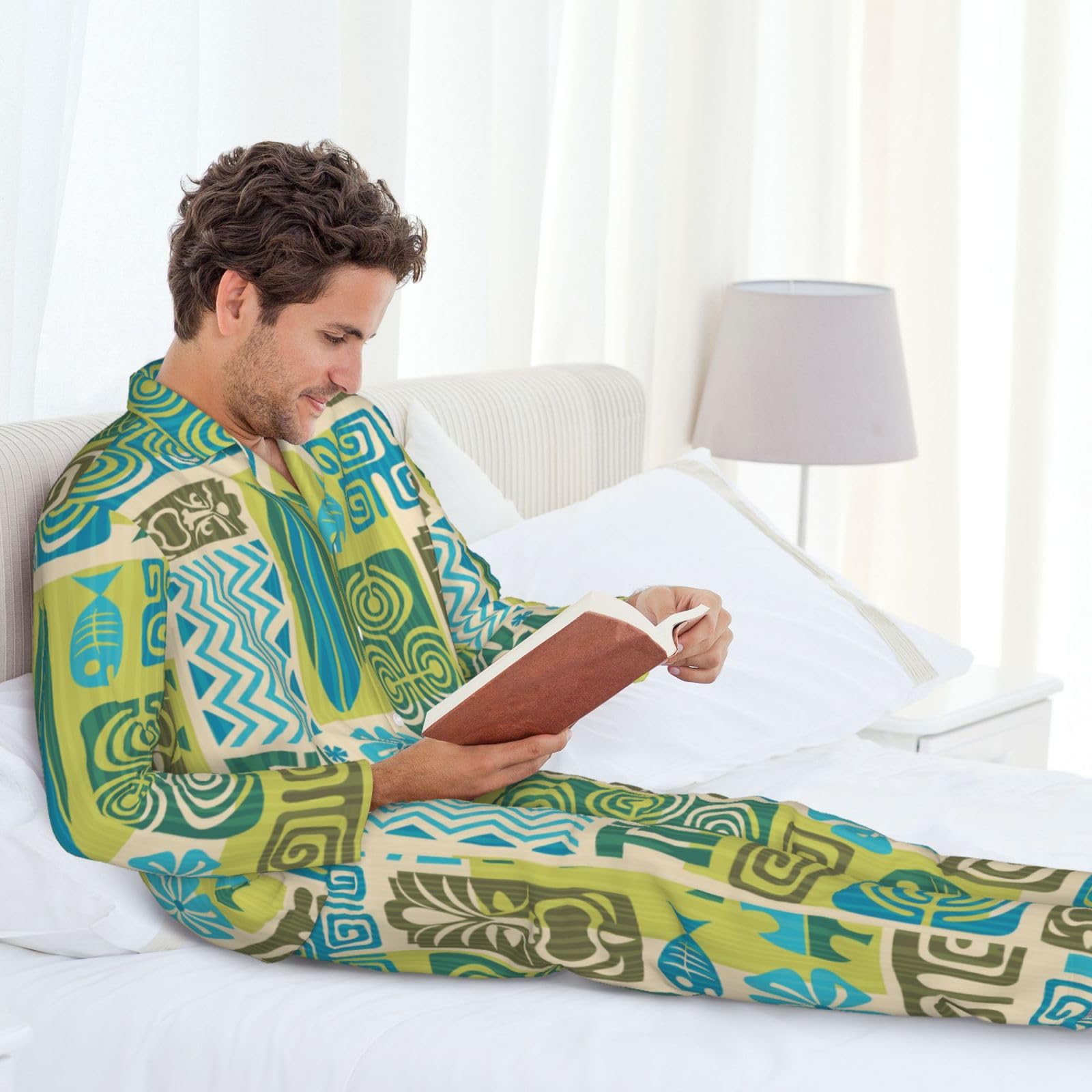 Herren-Pyjama-Set mit exotischem Tiki-Muster 1, weicher langärmeliger Schlafanzug für leichte Knöpfe