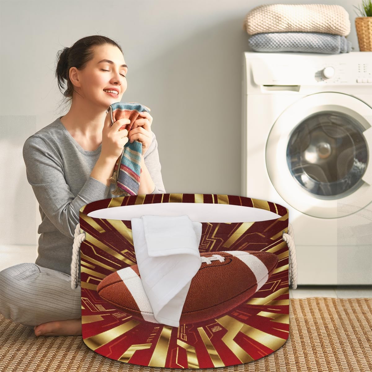Large Storage Baskets - Red Gold Football Nursery Round Collapsible Organizer Bin Box, Laundry Hamper for Kids Toys, Blanket, Bedroom Living Room Home Decor, Gift Basket, 19.4"x13.3"
