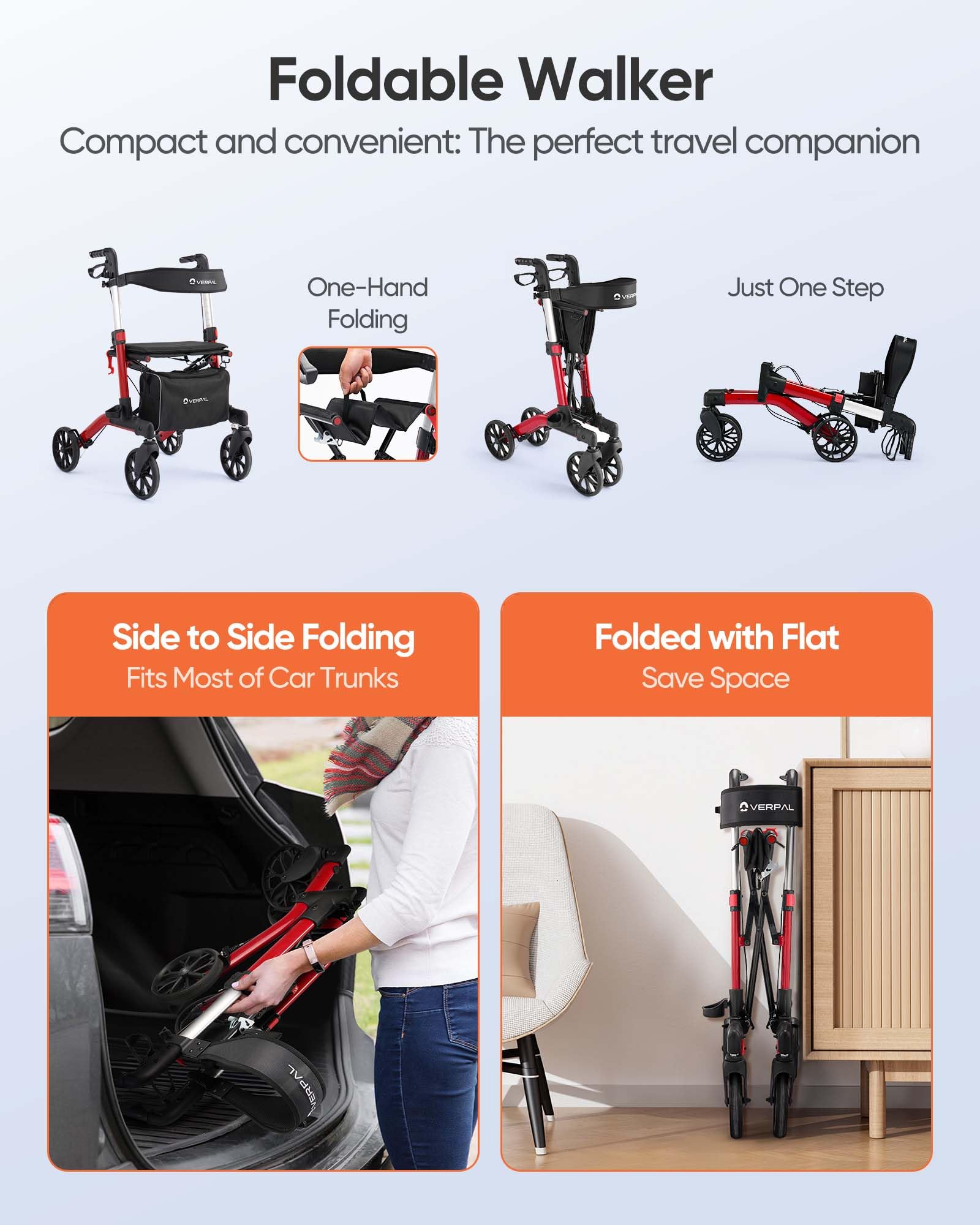 Rollator Walker for Seniors, Lightweight doule Foldable All Terrain Rolling Walker with seat, All-Terrain Rollator Walker with 8 inch Rubber Wheels, Handles and Backrest for Seniors and Adult