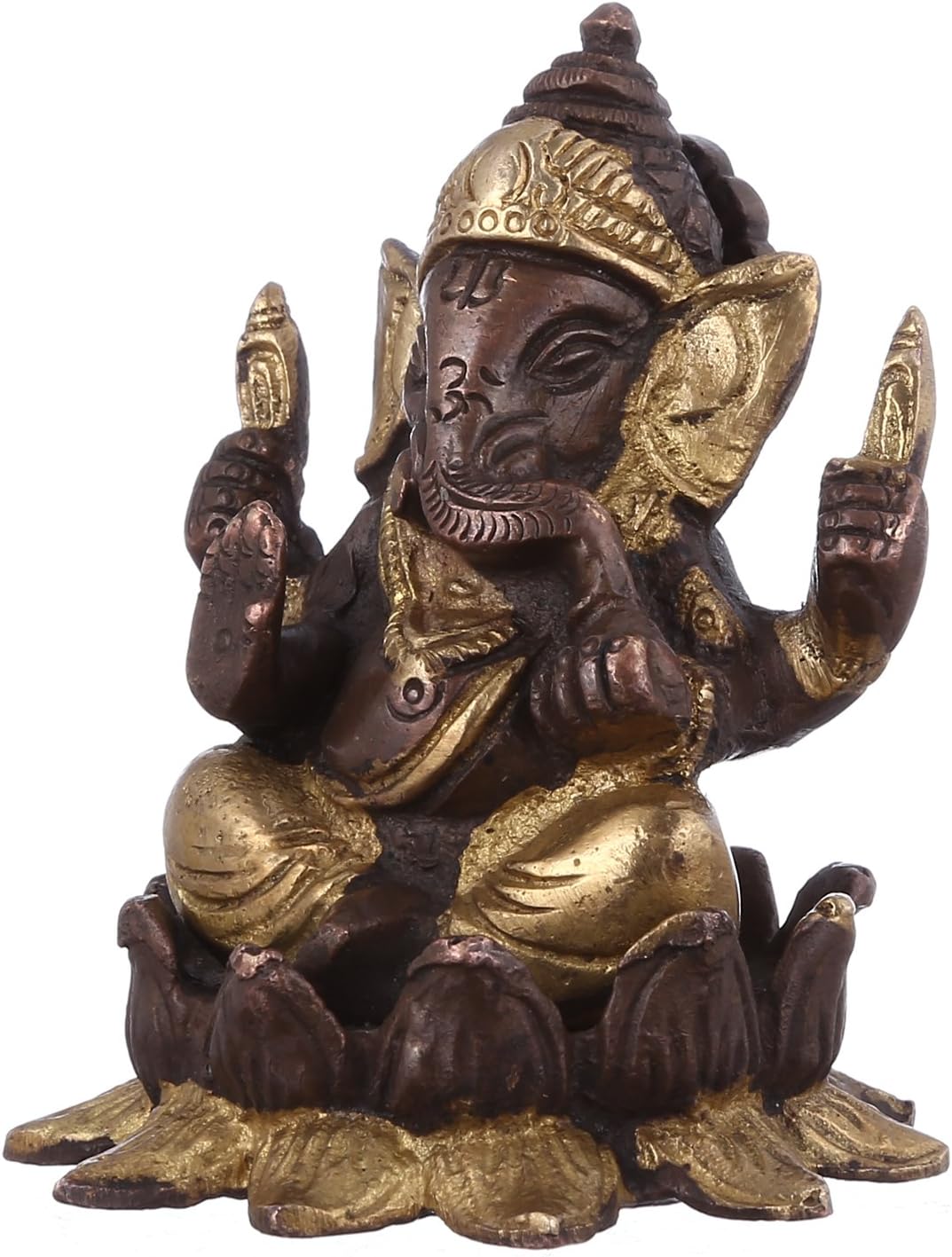 Purpledip Lakshmi Ganesha On Lotus Flower: Brass Statue Set in Unique Copper-Gold Finish; Rare Collection Idols for Home Temple (10947)