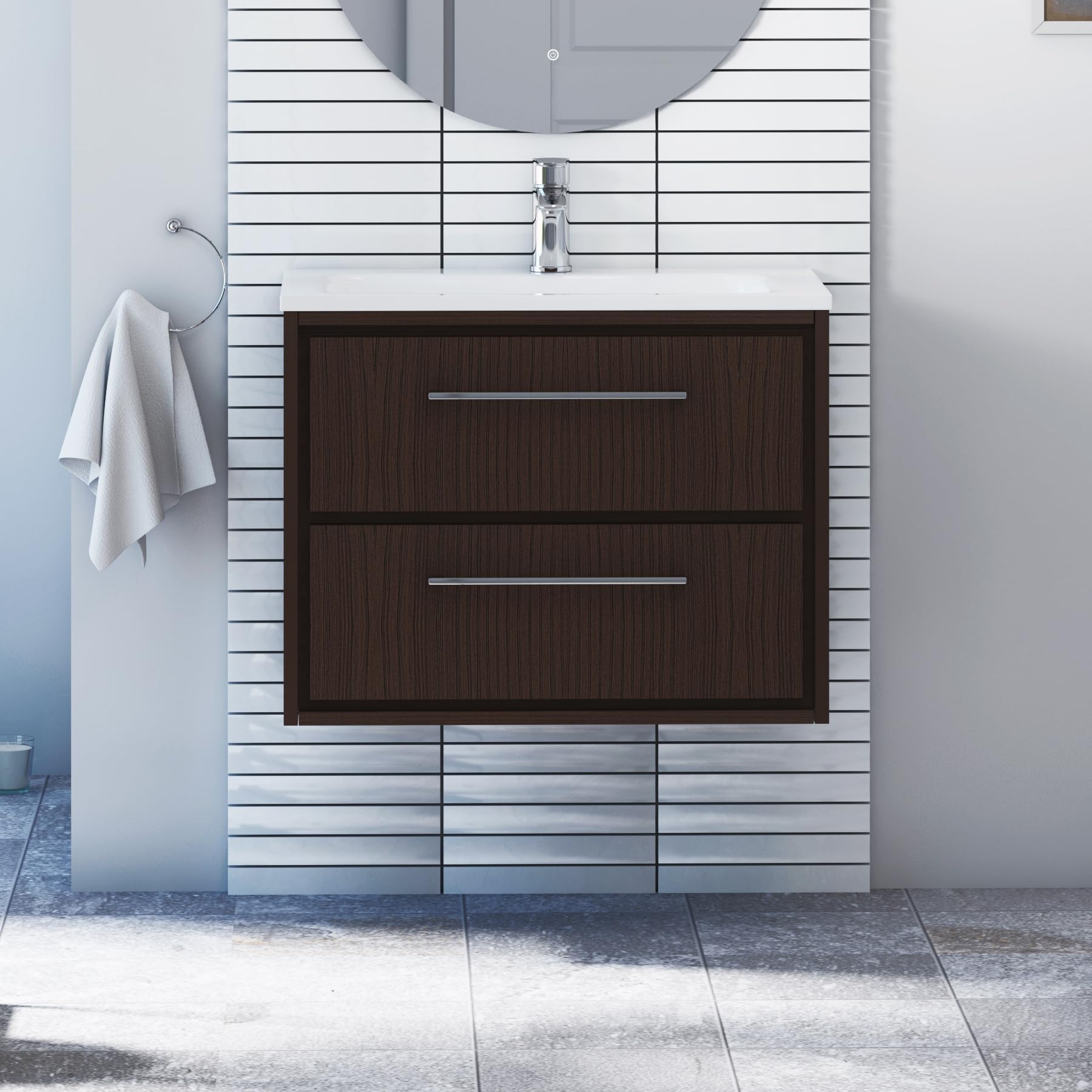 Royal Bathrooms 700mm Wall Hung Bathroom Vanity Unit Stone Basin 2 Drawers Storage Cabinet Furniture - Walnut Woodgrain