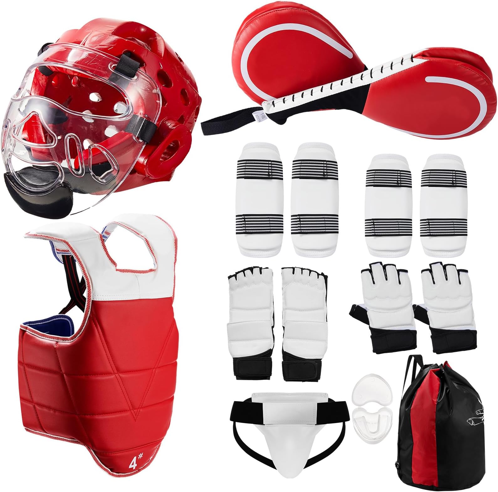 Halloscume 11 Pcs Taekwondo Sparring Gear Equipment Set for Kids Taekwondo Practice Training, Taekwondo Kick Pads Punching Mitts Head Chest Arm Groin Leg Foot Guard for Boxing(L,Red)