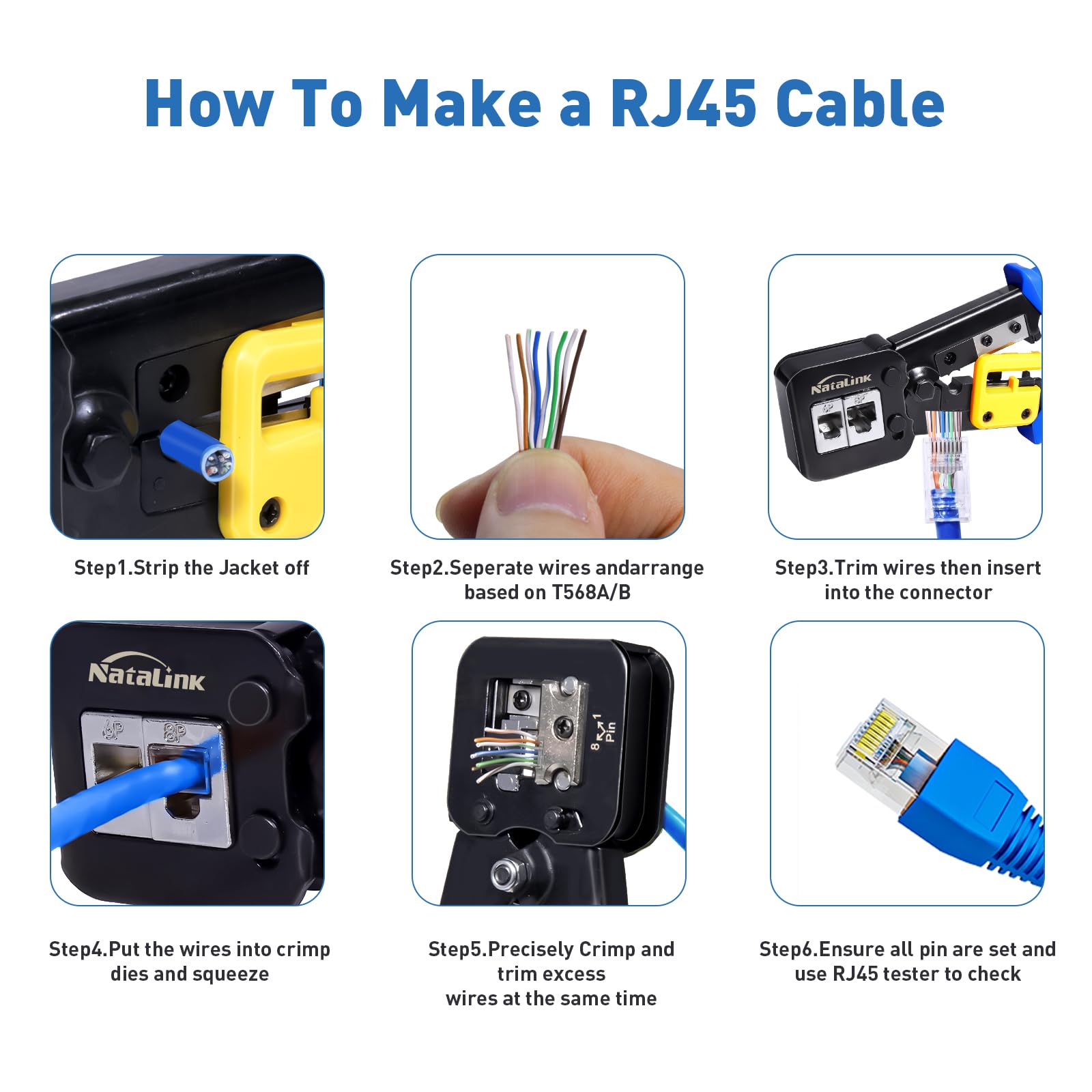 Crimpatrice RJ45 pass-through, crimpatrice Ethernet Cat 6 Cat 5E Cat 5 All-in-One RJ45 con 30 connettori Cat6 RJ45 pass-through e lama di ricambio