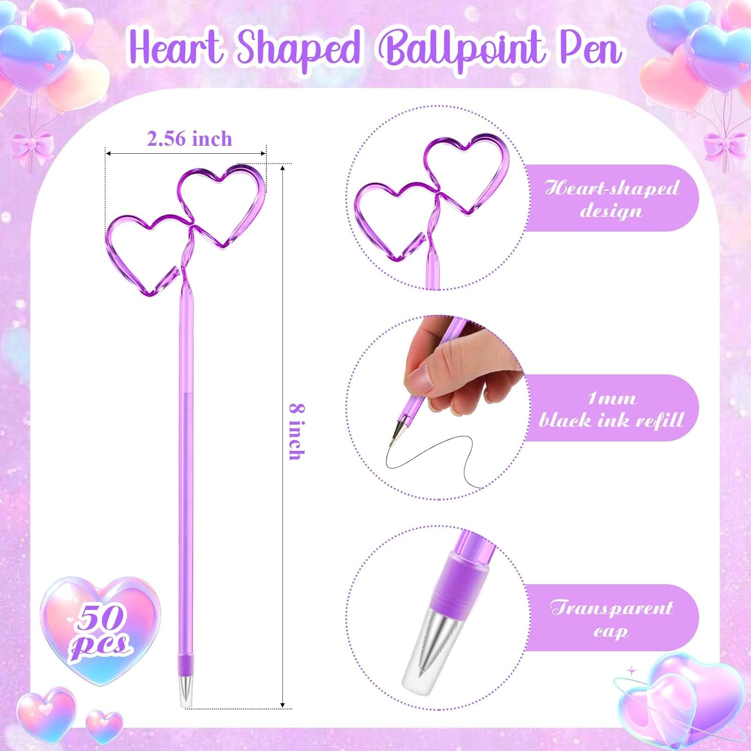 Harloon 50 Pcs Wedding Heart Pens Bulk, 1.0mm Black Ink Ballpoint, Purple Heart Pens for Bridal Shower Favors, Wedding Guest Book Signing, Bachelorette Party Goodie Bag Supplies Purple Double Heart