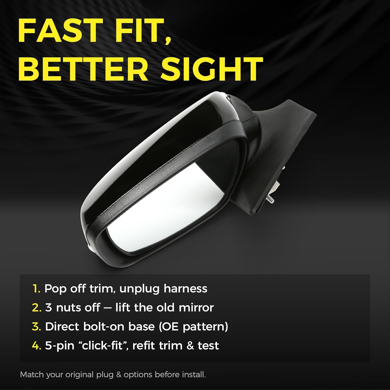 Driver Side Mirror (Left/LH) Compatible with Hyundai Elantra 2011-2013, Power Adjust, Manual-Folding, w/Turn Signal, 5-Pin Connector, Black Housing, Replaces 87610-3Y100, HY1320179