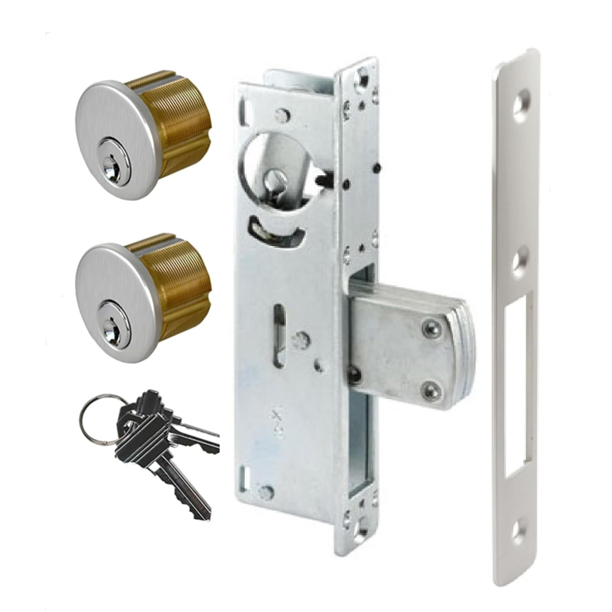Cerradura de mortaja para puerta de escaparate, cerradura de mortaja comercial, juego de cerradura de cerrojo de doble cilindro, en aluminio (respaldo de 1-1/8 pulgadas) (lengüeta de bloqueo plana)