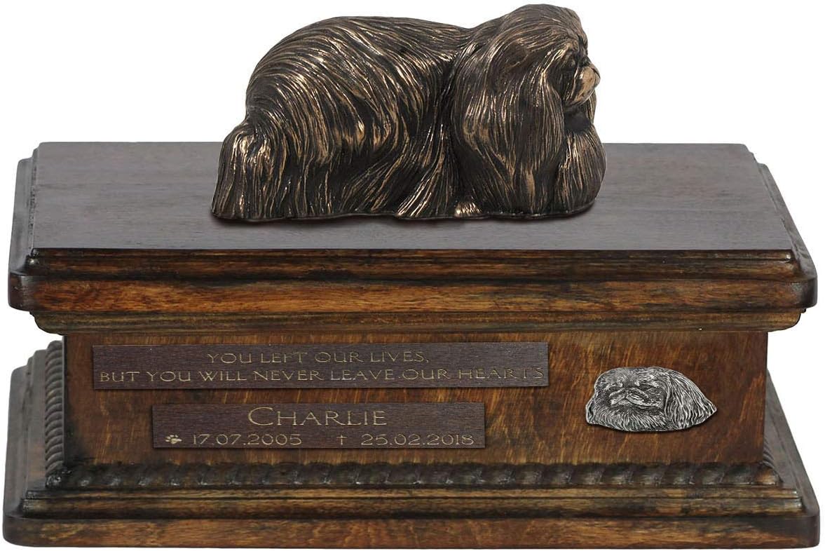 Art-Dog Custom Dog Sitting Statue Memorial Urn - Handmade Cold Cast Bronze on Birch Base – Sturdy and Stylish Urn for Dog’s Ashes – 8.3x11.4x8.7 – 5l – Pekingese