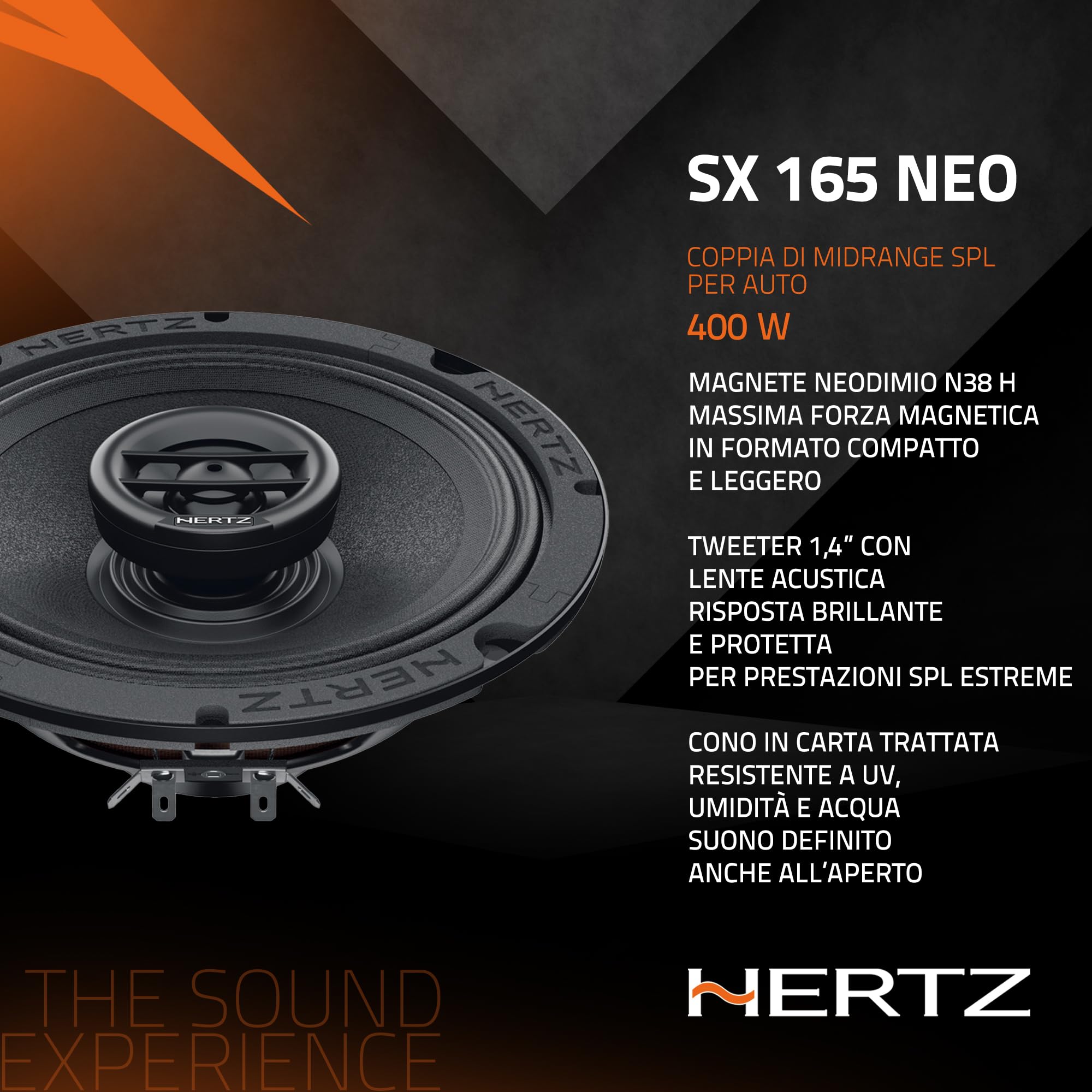 Hertz SX 165 Neo - Coppia di altoparlanti coassiali SPL da 165 mm con magnete al neodimio, progettati per installazioni su auto, moto e veicoli outdoor, 200W max