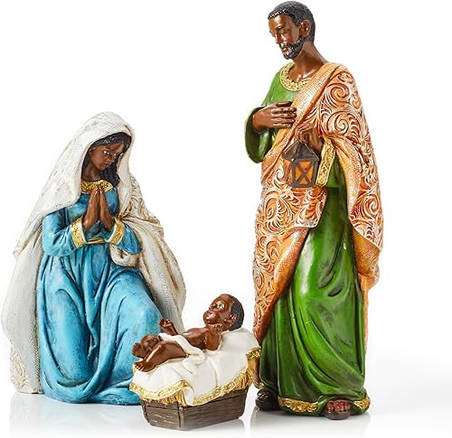 Juego de Belén negro Figuras de Navidad en miniatura de mesa de la Santa Familia Juego de 3 figuras de polirresina pintadas a mano María, José y