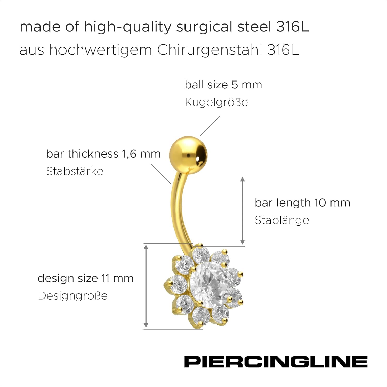 PIERCINGLINE surgical steel flower - belly button ring surgical steel, gold, silver, rosegold piercing - new version with improved durability