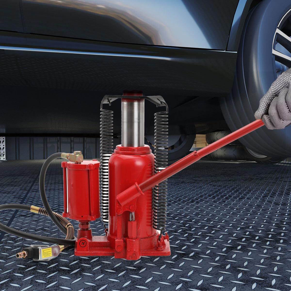 Cric Idraulico a Bottiglia 20 T, Cric Idraulico ad Aria Compressa Martinetto Sollevatore Uso Pneumatico e Manuale, Altezza di Sollevamento 260 – 510 mm, Idraulico Air Jack