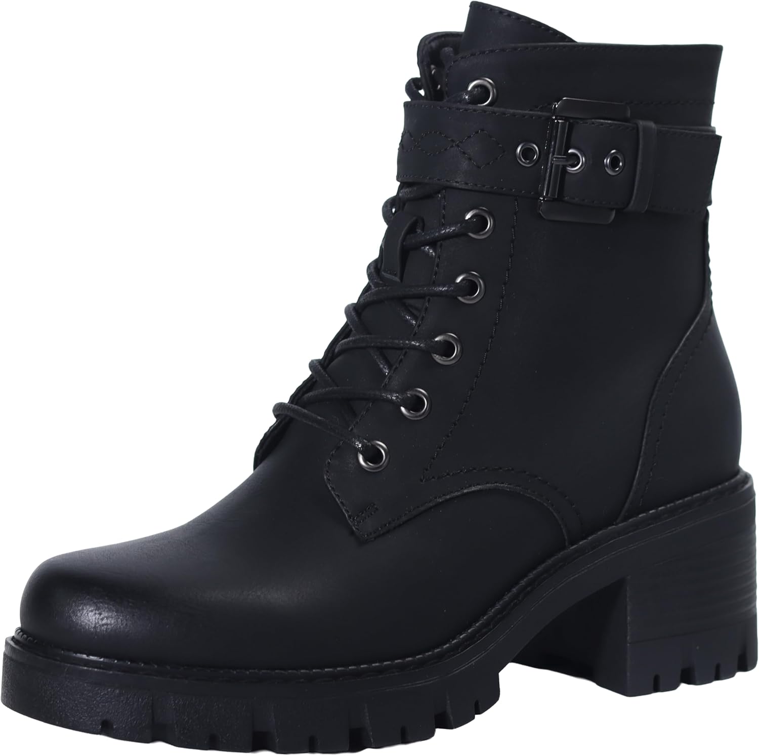 Women's Combat Boots Classic Lace-Up Ankle Booties with Side Zipper & Buckle, Chunky Mid Heel
