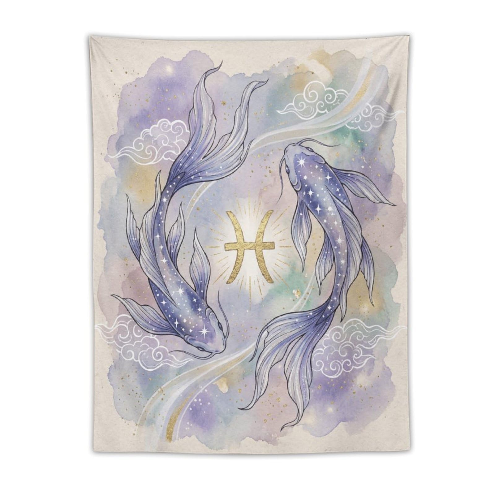 H3B8U2Y5 Pisces Koi Watercolor Wall Tapestry, Ukiyo-e, Tranquil Pond