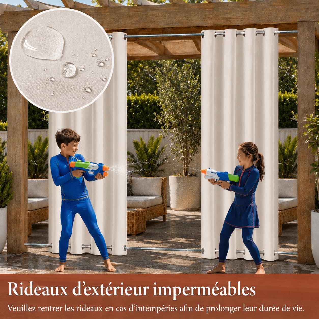 Rideaux d'extérieur imperméables avec œillets, 213 x 132 cm, parfaits pour jardin, balcon, terrasse, protection de l'intimité – Rideaux élégants toutes saisons pour terrasse et extérieur